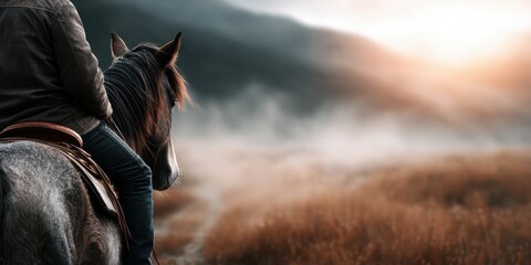 Rider observes serene landscape at dawn from horseback near misty meadow