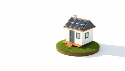 Small house with solar panels on the roof, sitting on a patch of grass, isolated on white.