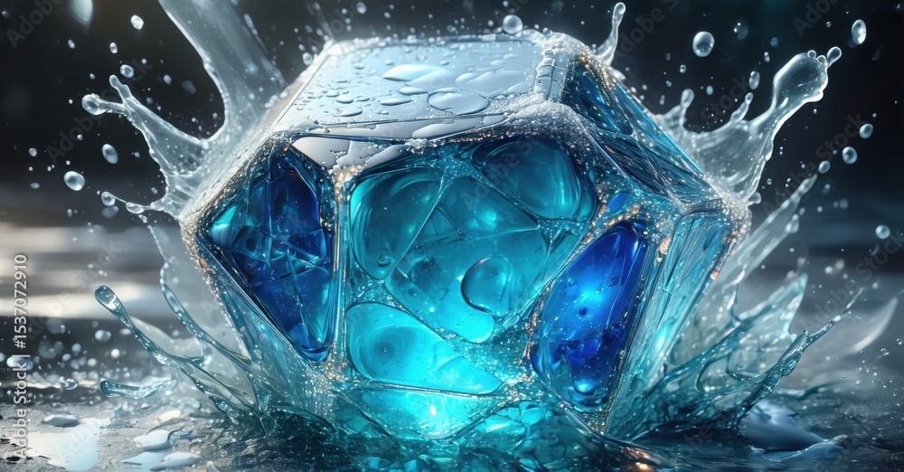 Poster Ice cube submerged, water splashing. Vivid blue hues dominate, creating dynamic visual impact. Sharp edges, crystalline structure visible.