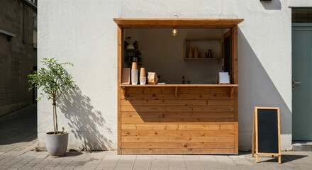 Street-facing urban coffee takeaway kiosk with wooden service counter, shelf of cups, potted plant, and blank chalkboard in bright daylight.