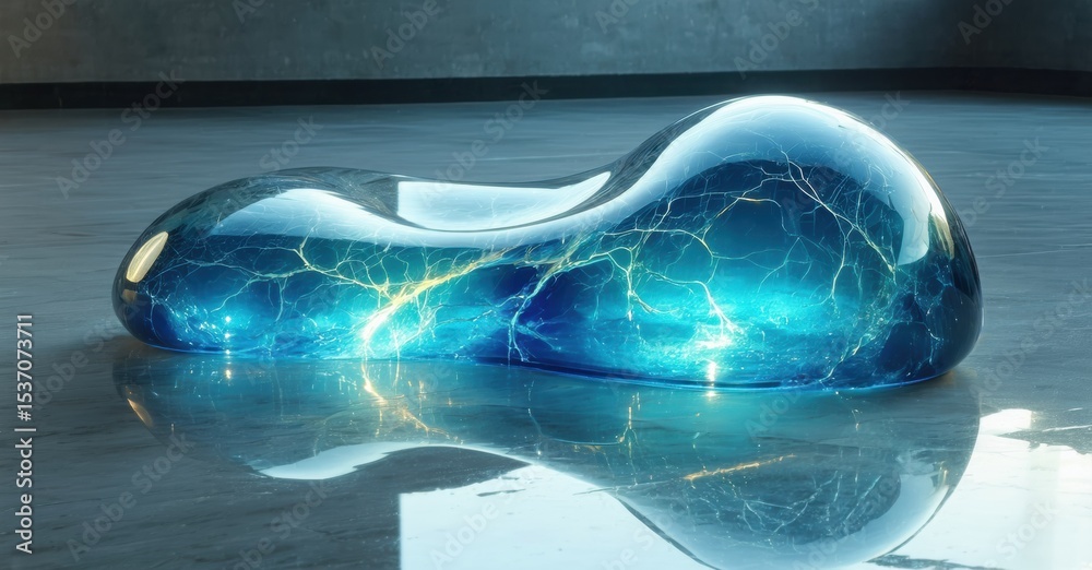 Poster Glossy blue object rests upon reflective surface. Internal cracks radiate light, creating dramatic visual effect. Smooth curves define form.
