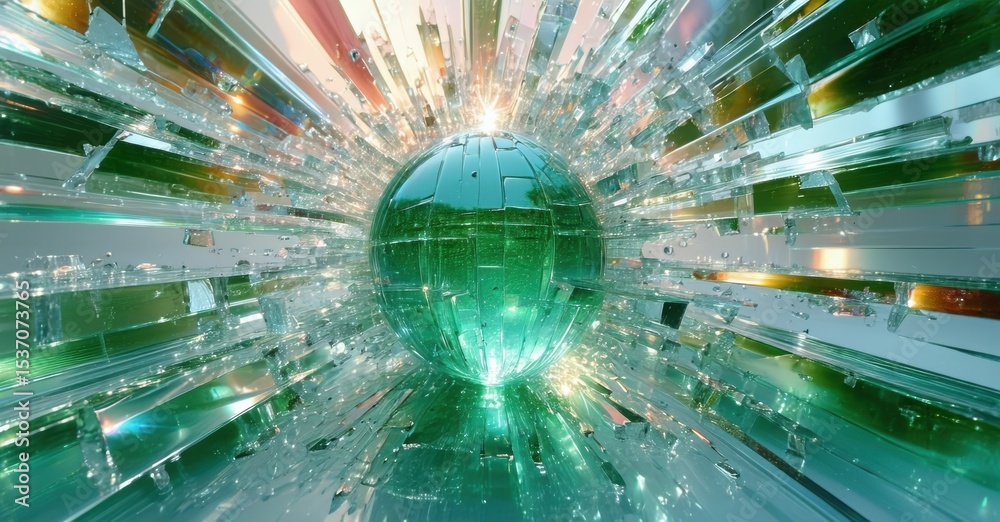 Poster Abstract sphere surrounded by fragmented glass shards. Bright green glow emanates from central point, creating dynamic visual effect.