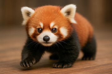 Adorable red panda cub walking indoors on a wooden surface, looking curious with fluffy fur and alert eyes in warm lighting.
