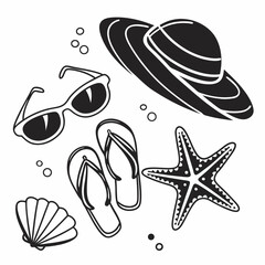 Summer vacation essentials beach hat sunglasses flip flops starfish shell