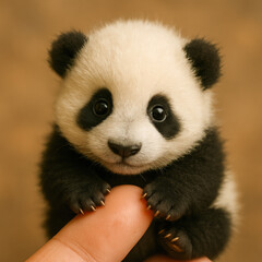 Tiny panda cub holding onto a person's finger, showcasing its innocence, soft fur, and expressive eyes against a warm background.
