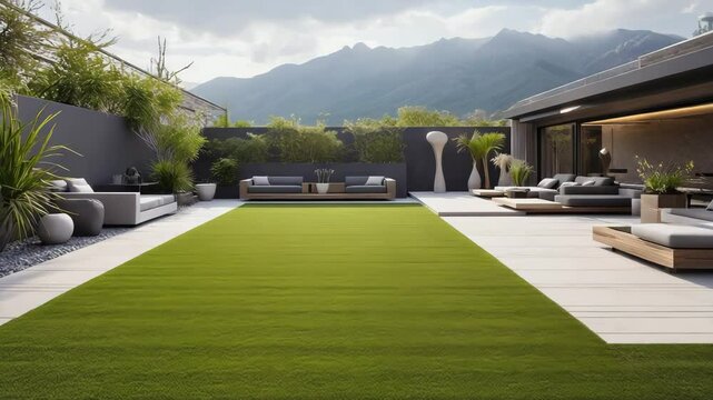 Luxury Modern Backyard Patio and Lawn with Outdoor Furniture and Mountain View