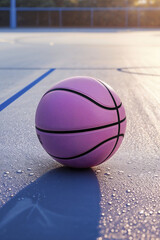 Bright pink basketball rests on a court during golden hour, showcasing vibrant color and texture against the wet surface
