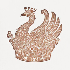 Majestic Phoenix Crown Woodcut Illustration: Regal Artistic Element for Traditional Culture, Book Covers, and Decorative Designs. Versatile Graphic for Posters, Banners, and Cultural Education Materia