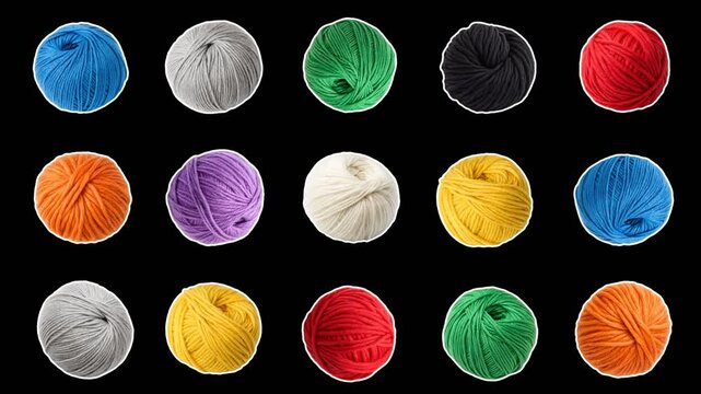A set of balls of yarn of different colors and sizes appears and moves randomly across the frame. Knitting concept. Smooth animation on transparent background