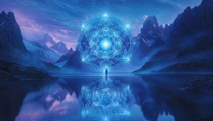 Mystical figure under a glowing crystalline structure in a serene mountain lake landscape