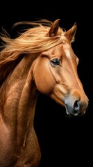 Obraz premium Majestic golden horse with flowing mane captured in detail against a black background