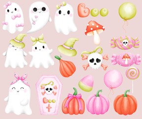Cute Halloween Ghost Clipart Set.Sweet Pink Ghost Decor Collection.Playful Ghost Halloween Elements