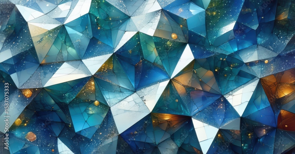 Poster fractal geometry creates abstract mosaic. blues, whites, golds blend, forming complex patterns. star