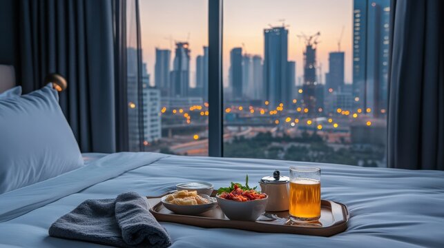Cozy hotel room with breakfast tray and city skyline view at dawn, showcasing calm ambiance, modern decor, and enticing food arrangement for travelers seeking comfort
