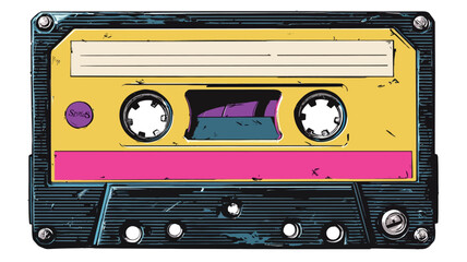Naklejka premium A close-up shot of a stylized illustration of a vintage audio cassette tape. The cassette is predominantly yellow with pink accents, exhibiting a grunge or distressed texture effect.