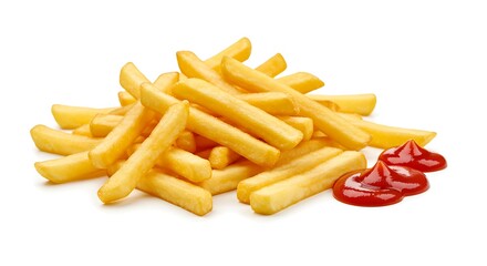 Delicious Golden French Fries Pile with Ketchup on Clean White Background