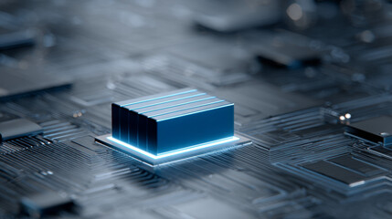 Blue Energy Battery on AI Chip with Glowing Circuit Lines
