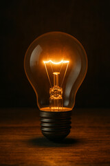 Glowing Incandescent Light Bulb on Wooden Surface &ndash; Artistic Minimalism