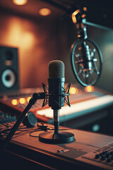 Studio microphone setup in a cozy recording space with warm lighting and sound equipment