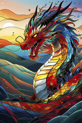 Colorful dragon soaring through vibrant mountains at sunset, showcasing intricate patterns and stunning hues in an artistic display