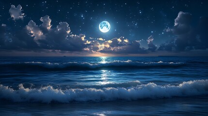 The bright moon shines on the sparkling ocean, and under the starry sky, dark clouds gather, creating a peaceful nighttime seascape.