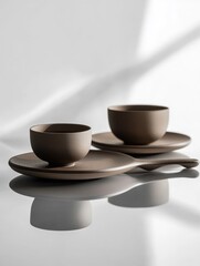 Fototapeta premium Minimalist ceramic cups and saucers elegantly arranged on a reflective surface with soft shadows