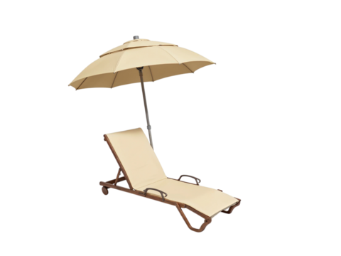 Beige chaise lounge with parasol isolated on transparent background
