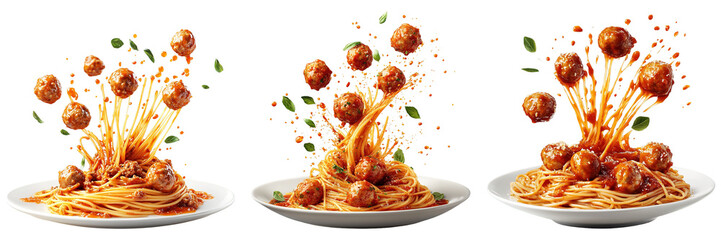 Flying Spaghetti and Meatballs with Tomato Sauce Splashing in Mid-air on White Plate Isolated on Transparent Background
