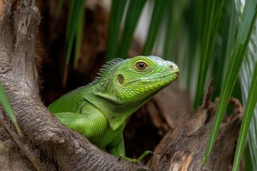 Fototapeta premium A green iguana perched in a tree hollow surrounded by foliage
