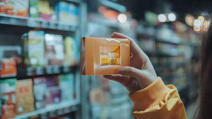 Augmented Reality Marker Mockup on Printed Packaging Displayed in Store with Customer Interaction