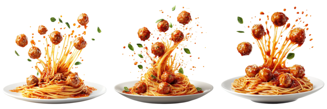 Flying Spaghetti and Meatballs with Tomato Sauce Splashing in Mid-air on White Plate Isolated on Transparent Background