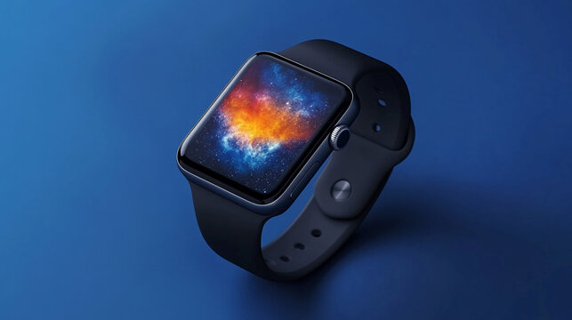 Stylish Mockup of a Modern Smartwatch with Vibrant Screen Displaying Cosmic Art on Blue Background - Powered by Adobe