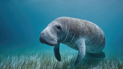 Naklejka premium Manatee swimming underwater in clear blue sea