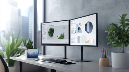 Modern Office Setup with Dual Monitors Displaying Custom Mockup and Data Visualizations Surrounded by Indoor Plants in a Bright Workspace