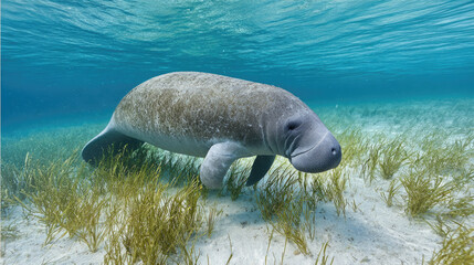 Manatee swimming underwater in clear sea with seagrass