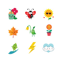 Adorable Collection of Kawaii Nature Icons Featuring a Drink, Ladybug, Sunflower, Leaves, Bird, Flower, Lightning Bolt and Clouds