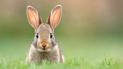 Fototapeta premium Cute brown rabbit with big ears sitting in green grass