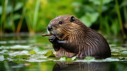 Image of a beaver sitting in water with green background. AI-generated.