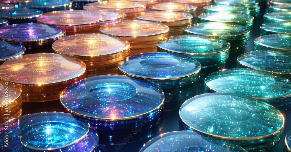 Poster colorful circular plates glow, creating vibrant patterns. reflections shimmer across surfaces, sugge