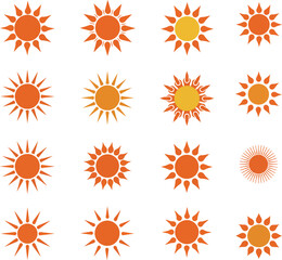 Collection of Stylized Orange Sun Icons for Summer or Weather Design

