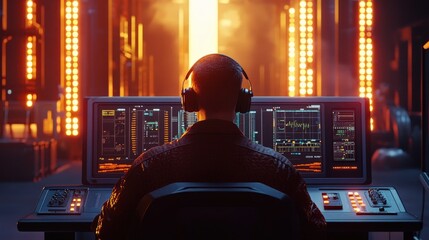 Futuristic male technician monitoring advanced technology on multiple screens in a high-tech control room illuminated by vibrant orange lights and glowing digital displays