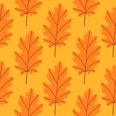 Simple abstract floral seamless pattern with colorful autumn leaves in orange. The leaves are arranged in rows on a yellow background, cozy fall vibe. Hand drawn botanical leaves.