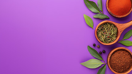 spices and herbs on purple background