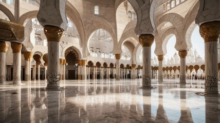 Grand mosque interior with white marble columns and arches.