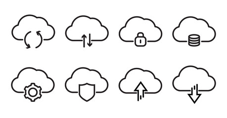 Set of vector solid icons related to cloud computing technology and web file storage. Symbols for website or app ui, logo design, illustration