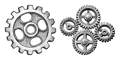 Vector Detailed illustrations of interlocking gears and a single large gear are presented in a vintage engraving style.