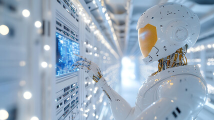 In a white data center, humanoid robot interacts with holographic interface among glowing servers, showcasing serene AI control and space for text overlay