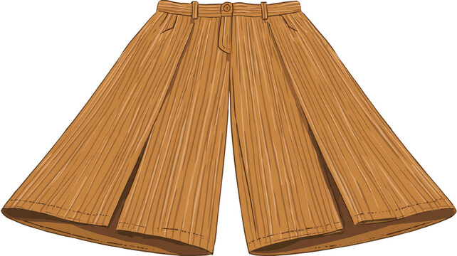 A digital illustration of a pair of mustard yellow culottes. The culottes are pleated and have a wide leg. The illustration is a flat lay on a white background, showing the garment from the front.