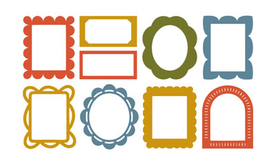 Vector illustration featuring a diverse collection of decorative frames in various shapes and playful styles, rectangles, squares, ovals, and arched frames with whimsical borders, easily editable.