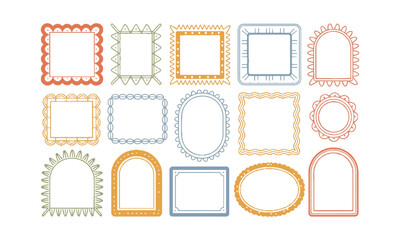 Vector illustration featuring a diverse collection of decorative frames in various shapes and playful styles, rectangles, squares, ovals, and arched frames with whimsical borders, easily editable.